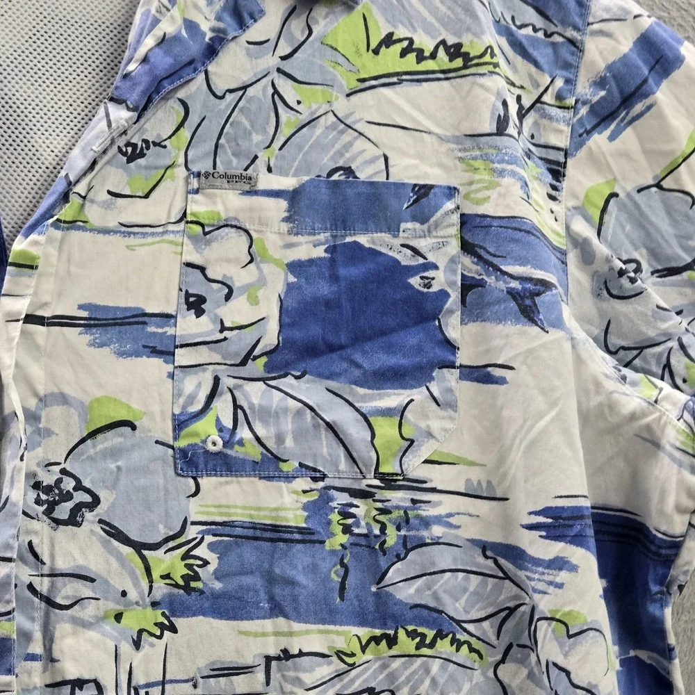 Columbia Men Button Up Shirt 2XT/2TL Blue Floral PFG Short Sleeve Fishing Hiking